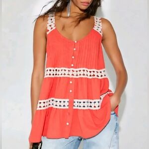 VANESSA VIRGINIA Coral Button-Down Blouse Lace Details